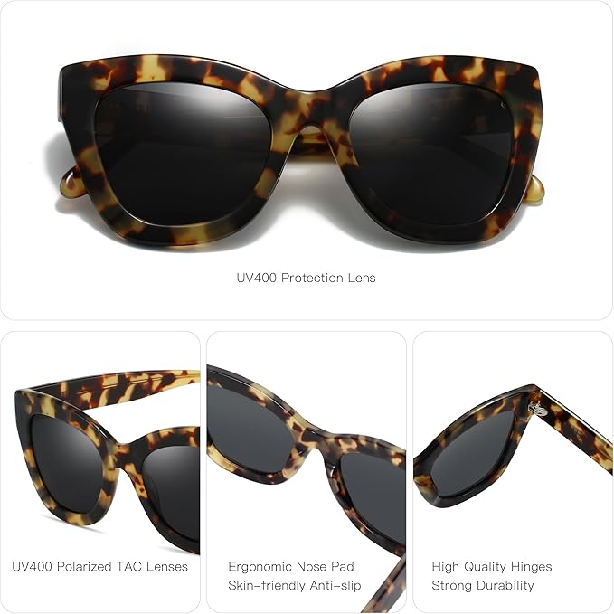 ZENOTTIC Retro Polarized Sunglasses Women - Oversized Cat Eye Trendy Glasses UV Protection - for Beach,Hiking,Party ZS6243