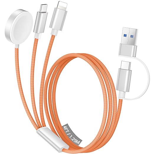 Temdan for Travel Vacation Essentials,3 in 2 USB C Cable for Apple Watch Charger/iPhone 17 Charger/Lightning,Multi Charging Cable Cord,Camping Essentials,Designed for iWatch &iPhone 16-12-4FT Orange