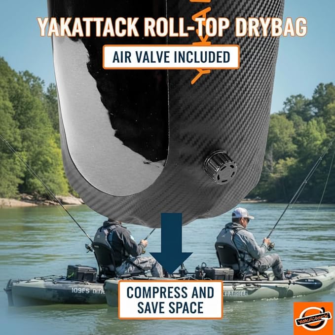 YakAttack 10L Roll-Top Drybag with Air Valve - Black Carbon | Waterproof Marine Dry Bag for Kayaking, Boating & Paddleboarding | Heavy Duty Drybag for Gear Protection | Roll Top Compression Bag