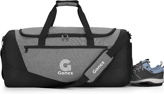 Gonex Gym Duffel Bag with Shoe Compartment Wet Pocket, Large Capacity Sports Duffle Bag for Men Women, Workout & Travel Bag with Multiple Pockets, Black/Gray, Medium (60L)