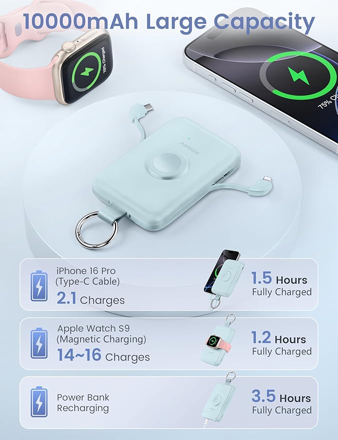RORRY Portable Charger, 10000mAh PD 20W Fast Charging Portable Charger Power Bank with Built in Cables, Travel Battery Pack for iPhone 17/16/15/14/13/12 and Apple Watch Ultra/11/10/9/8/7/6/5, Blue