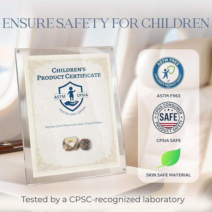 SKYTRAX® Certified Kids Safe Memory Foam Travel Neck Pillow for Kids and Toddlers, Cute Cartoon Design, Car Seat & Airplane Head Neck Support, Adjustable Snap Button, Washable Soft Cover (Racecar)