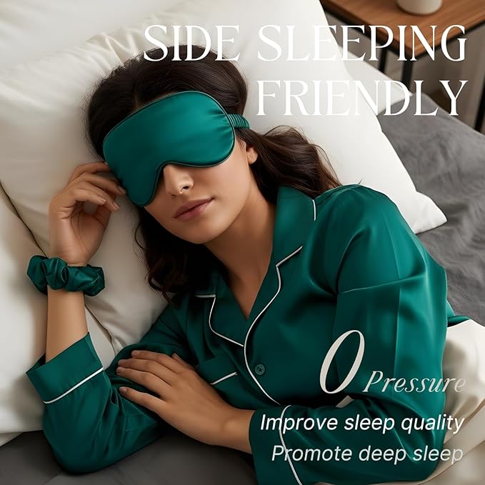 Silk Satin Sleeping Eye Mask, Dark Green Sleep Eye Mask Night Blindfold for Women and Men, Soft Breathable Blackout Eyeshade Eye Cover for Travel, Wedding Bridesmaid Gift