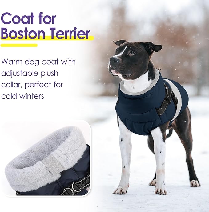 SUNFURA Dog Coat, XXXL Dog Jacket Winter with Harness Built in, Waterproof Pet Snow Jacket with Furry Collar for Chilly Day, Reflective Fleece Snowsuit for Extra Large Dogs, Navy Blue 3XL