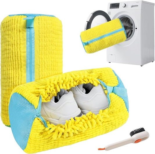 Shoe Washing Machine Bag - 2Pack Laundry Shoe Bag for Washer and Dryer, Reusable Shoe Cleaning Bag for All Shoe Sizes, 360° Deep Clean for Tennis Shoes, Sneakers, Includes 1 Brush (Yellow)