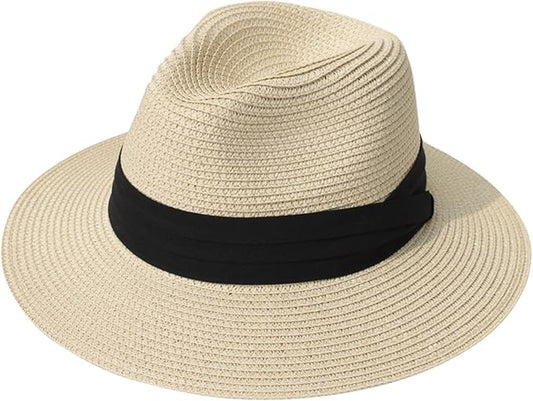 Lanzom Women Wide Brim Straw Panama Roll up Hat Fedora Beach Sun Hat UPF50+