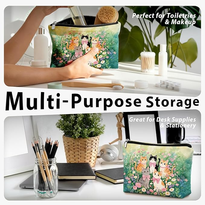 Cute Cat Flower Small Makeup Bag for Women, Kitty Cosmetic Zipper Travel Toiletry Bag for Daughters, Friends, Cats Girl & Women. Ideal Gifts For Travel, Birthdays, Graduation & Christmas.