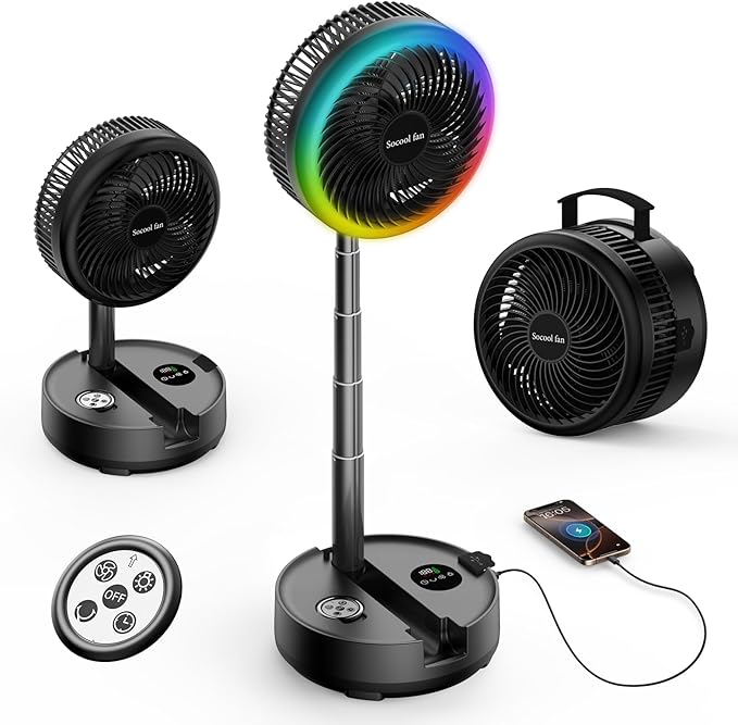 Socool 40000mAh Portable Fan Foldable Battery Rechargeable with 8 Speed & 106H, 90° Osciliating Floor Standing Fan Remote, Desk Fan with 8H Timer & LED Light for Home Outdoor Travel Camping