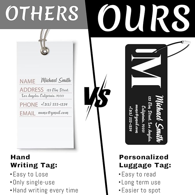 4 PCS Personalized Luggage Tags for Suitcase, Custom Engraved Aluminum Luggage Tags with Your Personalized Text Logo, Metal Name Tags with Steel Loop for Bag, Suitcase, Backpack (Black, Small)