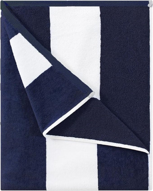 Cotton Oversized Beach Towel - Large 70 x 35 Inch Pool Towel, Navy Blue Striped Quick Dry Swimming Cabana Towel