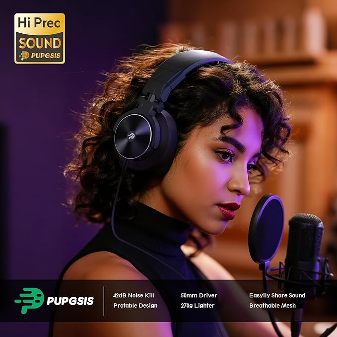 PG-M20PRO DJ Headphones, Over-Ear Studio Monitoring Headphones with 3.5mm Audio Jack, Black