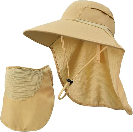 Sun Hats for Men Women Detachable Face Cover Wide Brim Fishing Hats with Neck Flap UPF 50+ Outdoor Safari Hats
