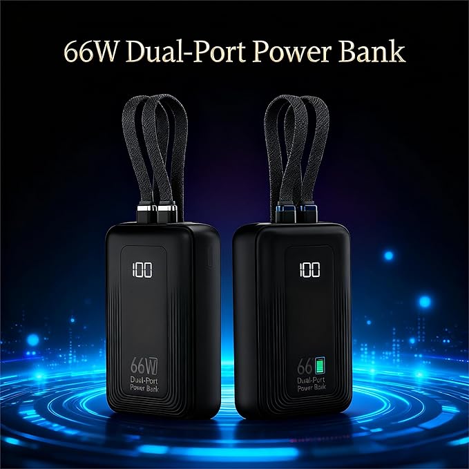 Portable Charger 10000mAh Power Bank with 4-Port Fast Charging, Built-in Type-C & Lightning High-Speed Cables, LED Display for iPhone 16/15/14/13 Pro Max & for Samsung S25/S24.