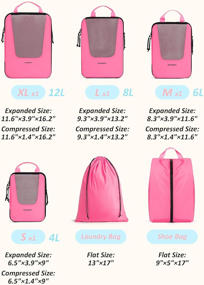 BAGSMART Compression Packing Cubes for Travel, 6 Set/5 Set/4 Set, Compression Suitcase Organizer Bags Set for Suitcases Travel Essentials, Lightweight Packing Organizers