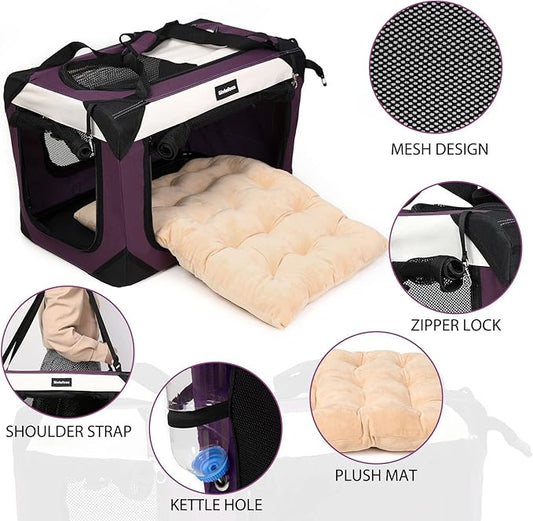 Collapsible Dog Travel Crate,Portable Soft-Sided Pet Carrier Extra Large Cat Carrier with Soft Plush Plush Mat for Indoor and Outdoor,28x20x20in,Purple