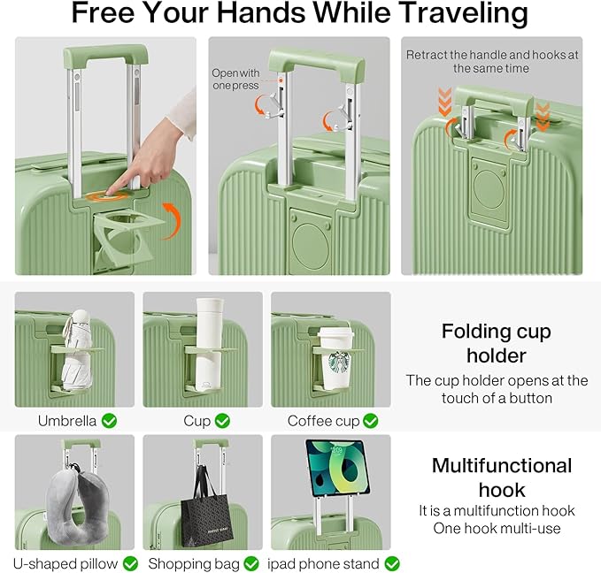 mixi Checked Luggage with Cup Phone Holder Hard Shell Rolling Travel Suitcase with Spinner Wheels,24 Inch Avocado Green