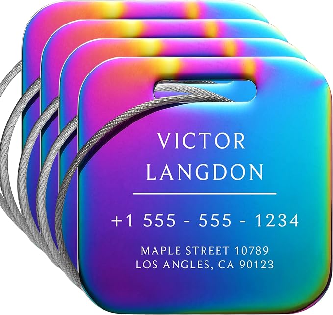 Stainless Luggage Tags for Suitcases 4 Pack: Metal Personalized Luggage Tags for Backpacks & Bags with Customizable Texts (Rainbow)