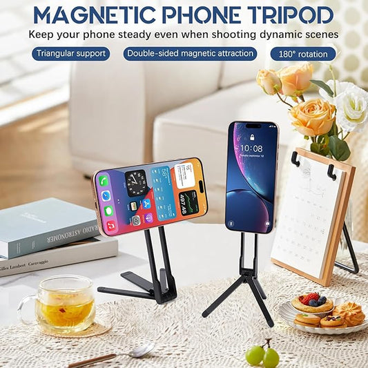 Universal Magnetic Phone Tripod, Foldable Magnetic Pocket Phone Tripod, Aluminum Alloy Mini Portable Cell Phone Stand Magnet Quick Mount, Travel Size, Suitable for Daily Vlog Shooting (Black)