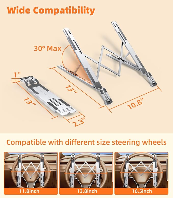 DICMKY Car Laptop Mount Steering Wheel Tray Holder, Height Adjustable Car Desk for Laptop Computer Tablet, Foldable Portable Lap Laptop Stand for Car Vehicle Workstation Accessories Truck SUV Tesla