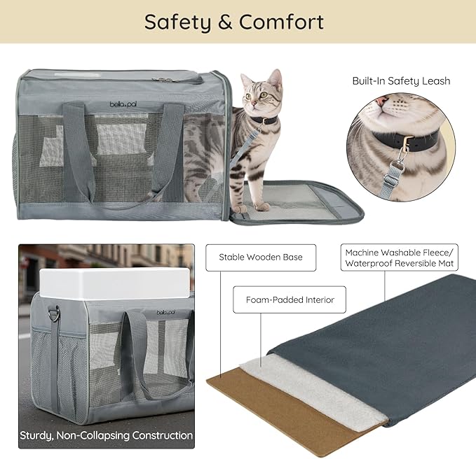 BELLA & PAL Cat Carrier Travel Bag, Airline Approved Lightweight Cat Carrier, Soft Sided Pet Carrier for Puppy Dogs Up to 18lbs, Collapsible Kitten Bag with Removable Waterproof Mat, Ventilated Mesh