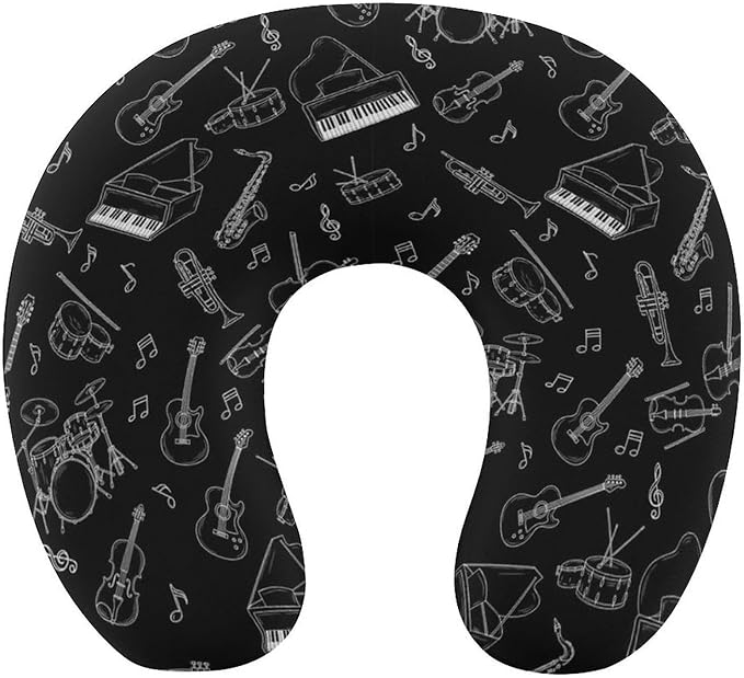 Portable U-Shaped Travel Pillow Memory Foam Neck Rest, Musical Instrument Guitar Piano Bass Black U-Shape, Airplane Car Bus Office Chin Support