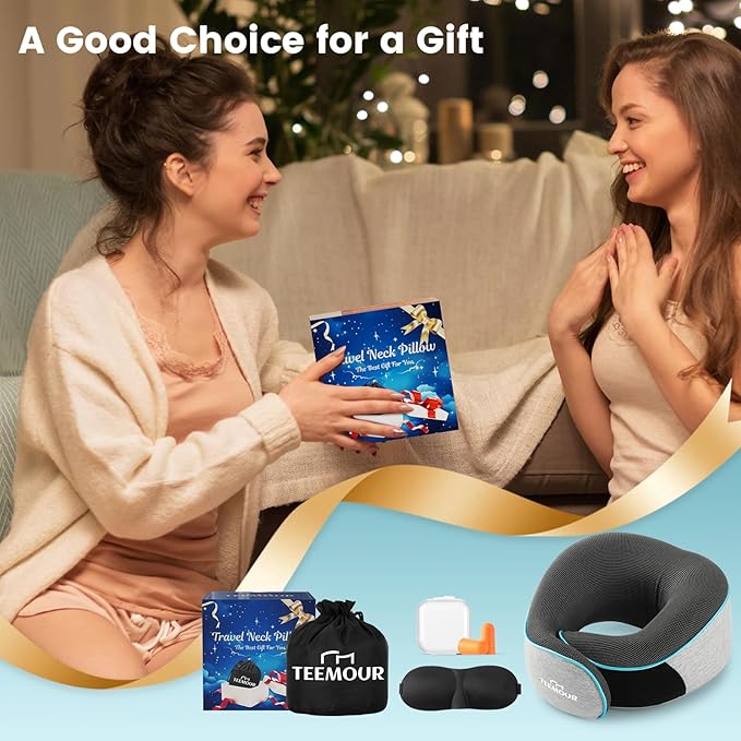 Upgraded Travel Pillow Memory Foam Neck Pillow Airplane- 360° Support Travel Pillows for Airplanes, With Eye Mask & Earplugs, Portable Carry Bag for Long Flights, Train| Best Travel Essentials