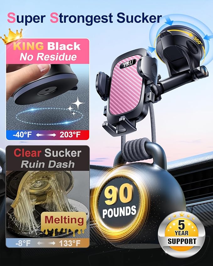 YRU True Military-Grade [360° Rotation Suction] 2025 Ultimate Car Phone Holder Mount 【90+LBS Safest Strongest & Patent Certs】 Dashboard Windshield Vent for iPhone 17 16 Pro Max Samsung, Pale Pink