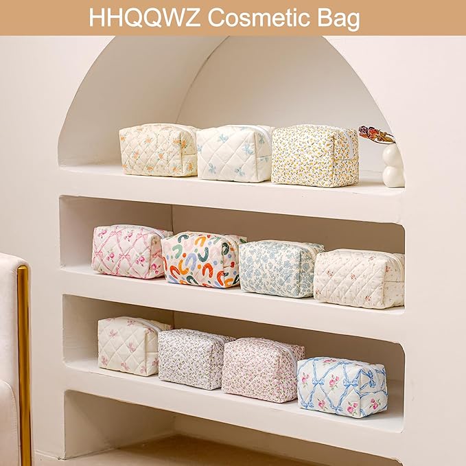 Makeup Bag Travel Cosmetic Bag for Women Girls, Zipper Make Up Pouch, Floral Flowers Toiletry Organizer Makeup, Portable Storage Cosmetic Travel Cloth Bag (Pink+White Small Flower)