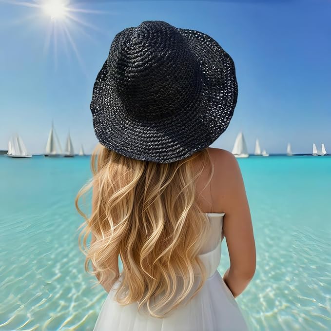 Floppy Big Beach Straw Hats for Women Foldable Summer Wide Brim Packable Sun Hat Womens Travel Straw Fedora Hat