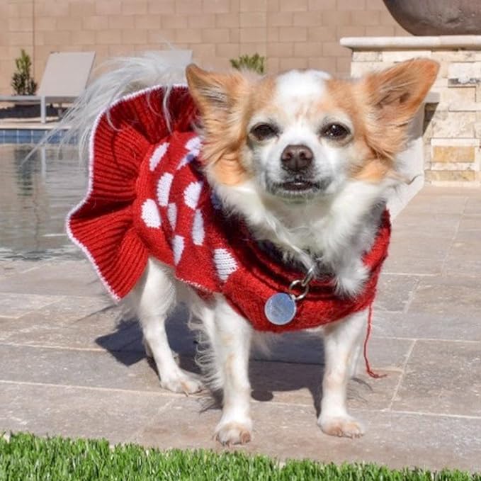 KYEESE Dog Sweaters for Girl Small Dogs with Leash Hole Turtleneck Red Dog Sweater Dress Polka Dot Knit Pullover Warm Pet Sweater