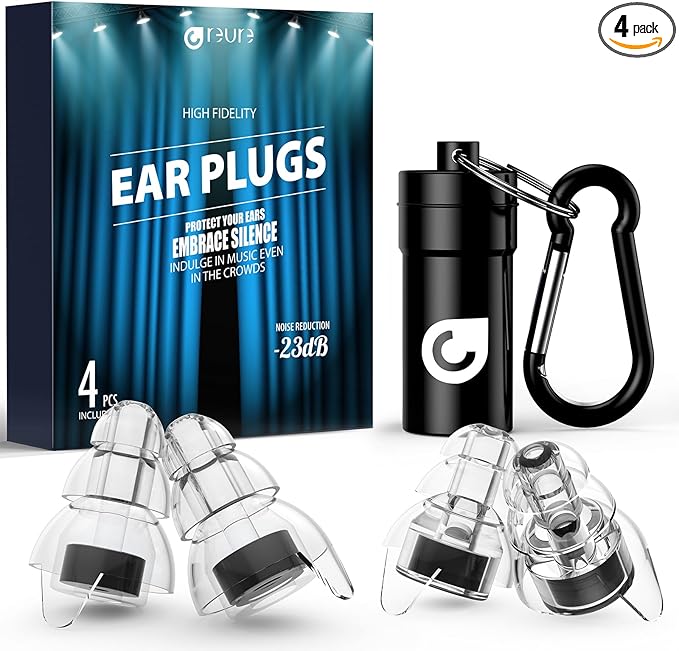 High Fidelity Concert Ear Plugs, Noise Cancelling Silicone Ear Plugs 2 Pairs Great for Concerts Loud Music, Musicians, Motorcycles, Airplanes, Raves, Hearing Protection -23 dB
