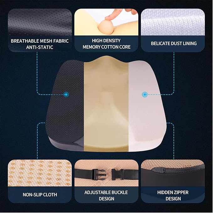 LARROUS Car Seat Cushion - Comfort Memory Foam Seat Cushion for Car Seat Driver, Tailbone (Coccyx) Pain Relief Pad, Car Seat Cushions for Driving, Office Chair Cushion (Black)