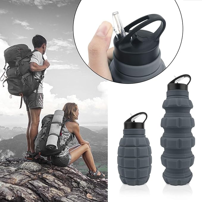 QiCheng&LYS 19.5oz Collapsible Travel Water Bottle, Reuseable BPA Free Silicone Foldable Water Bottles for Travel Gym Camping Hiking, Portable Leak Proof Sports Water Bottle with Carabiner(Gray)