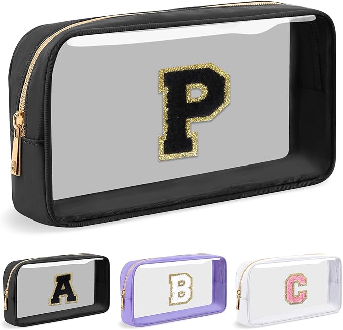 Personalized Initial Letter Clear Makeup Bag,Preppy Small Nylon&PVC Cosmetic Zipper Bag with Chenille Letter,Travel Skincare Toiletry Bag,Monogram Christmas Gift for Teen Girls Women,P