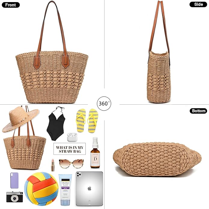 Straw Beach Bags for Women Woven Beach Tote Bag Casual Boho Large Shoulder Handbags Purse for Vacation Holiday