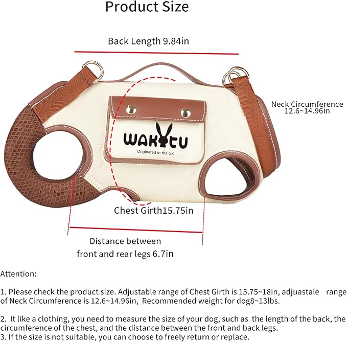 Wakytu Dog Lift Harness Dog Carrier VES Harness Adjustable Leash with Small Puppy Treat Bag,Fits Most Cars,M