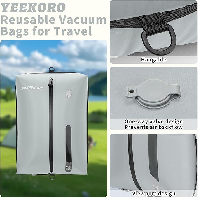Vacuum Bag for Travel, Professional IPX8 Waterproof Reusable Vacuum Compression Bags for Travel Suitcases, Durable Space Saver Bag(2 PACK,With Pump)