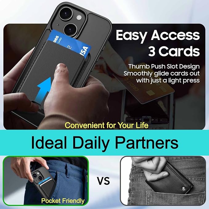 Ntwinro Magnetic for iPhone 14 Plus & iPhone 15 Plus Case (Compatible with MagSafe) with Detachable Wallet & Card Holder for 3 Cards [RFID Blocking] Military Grade Protective Slim Phone Cover, Black
