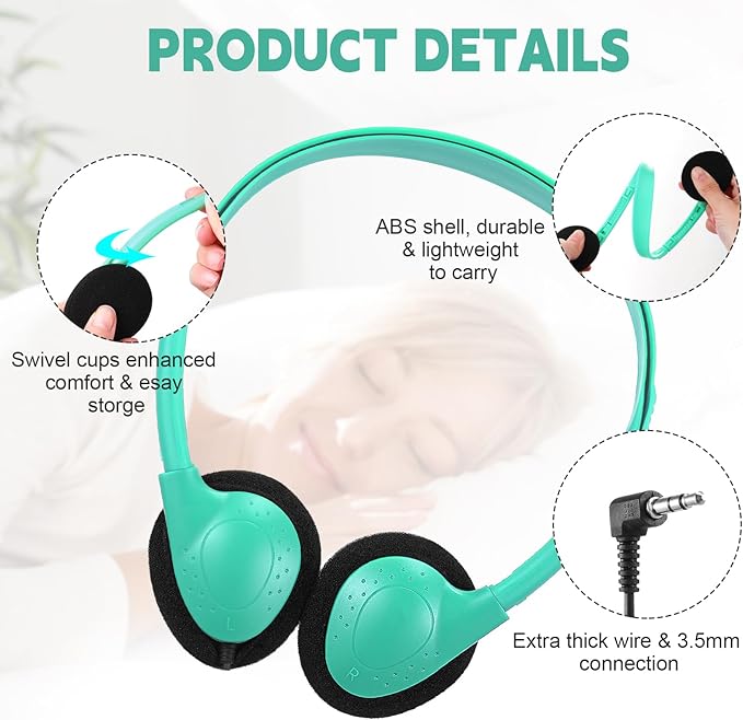 Konohan 10 Pack Headphones Bulk Headphone for School Classroom Student Wired Headphones Adjustable with 3.5 mm Jack for Adults (Emerald Green)