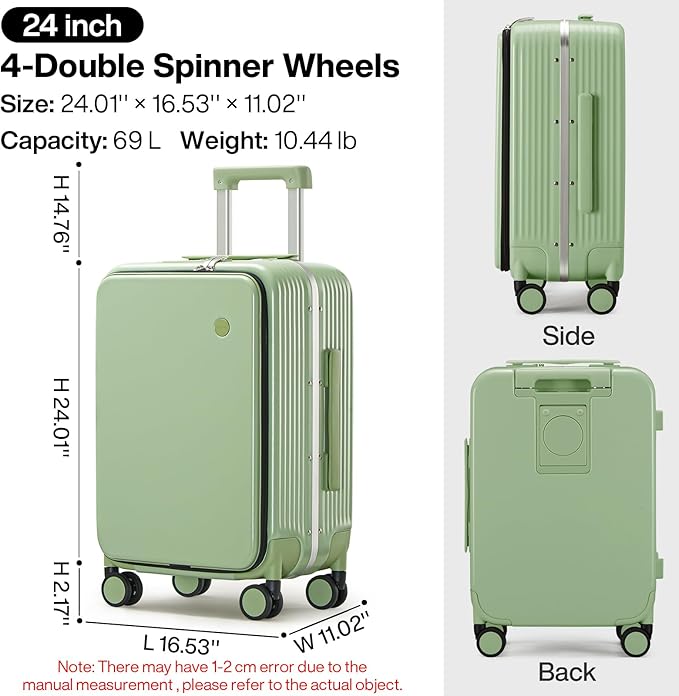 mixi Checked Luggage with Cup Phone Holder and Charger Hard Shell Suitcases with Spinner Wheels, 24 Inch Avocado Green