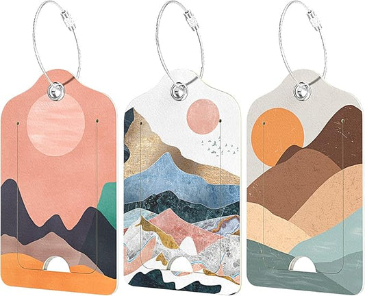 Rimilak 3 Pcs PU Leather Luggage Tags for Suitcase, Travel Cruise Luggage Tag with Privacy Flap, Name ID Label and Metal Loop for Women Men Baggage Handbag School Bag Backpack, Setting Sun
