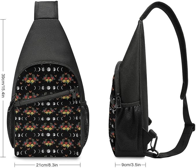 SWEET TANG Polyester Shoulder Sling Bag Multipurpose Casual Sport Daypack Unbalance Backpack with Small Pocket and Smooth Zipper, Moon Phase Floral