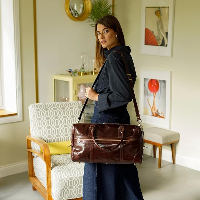 Time Resistance Leather Travel Bag - Duffel Weekender Bag (Brown)