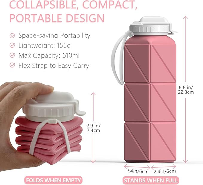 Collapsible Water Bottles with Straw 20.6oz, Silicone Foldable Portable Water Bottle, BPA-Free, Leakproof Reusable for Travel Camping Hiking Cycling Yoga Sports, 1 Pack (Pink)