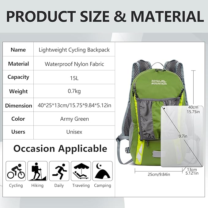 Bike Backpack With Rain-Cover, Mountain Biking Backpacks, Lightweight Packable Daypack Waterproof For Travel, Small Backpack For Bicycle Riding,Hiking,Camping (Army Green)
