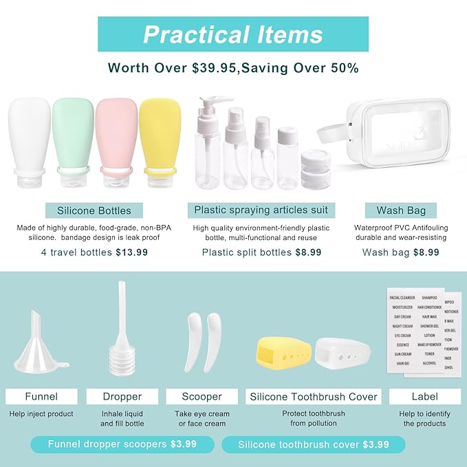 18 Pcs Travel Bottles Set for Toiletries, TSA Approved Travel Size Containers with Bandage Silicone Squeezable for Shampoo Conditioner Lotion Body Wash (Multicolour+White Bag)