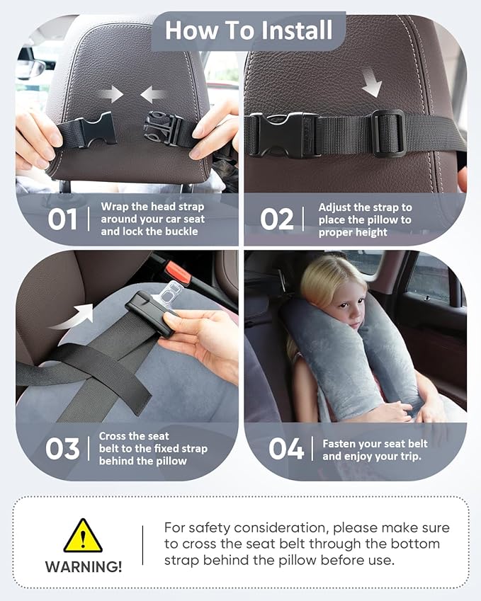 Car Travel Pillow for Kids Adults, Raised Padding Head and Neck Support Car Seat Sleeping Pillow for Toddlers, Portable U Shaped Body Pillow for Cars Seat On Road Trip (Light Gray)