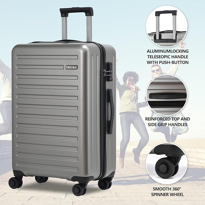 TydeCkare 2pcs 20/28" Luggage Set Lightweight HardShell, Only 20 Inch Carry On 21.65 * 15.35 * 7.87" Cabin Suitcase with Front Pocket, 28 Inch 19.68 * 11.81 * 29.92" Checked Luggage, Gray