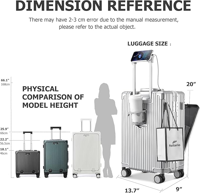 feilario 20in Aluminium Frame PC Hard Shell Spinner Wheels Luggage, Built-In TSA lock Carry on Suitcase, with Cup Holder, USB Port, Phone Holder