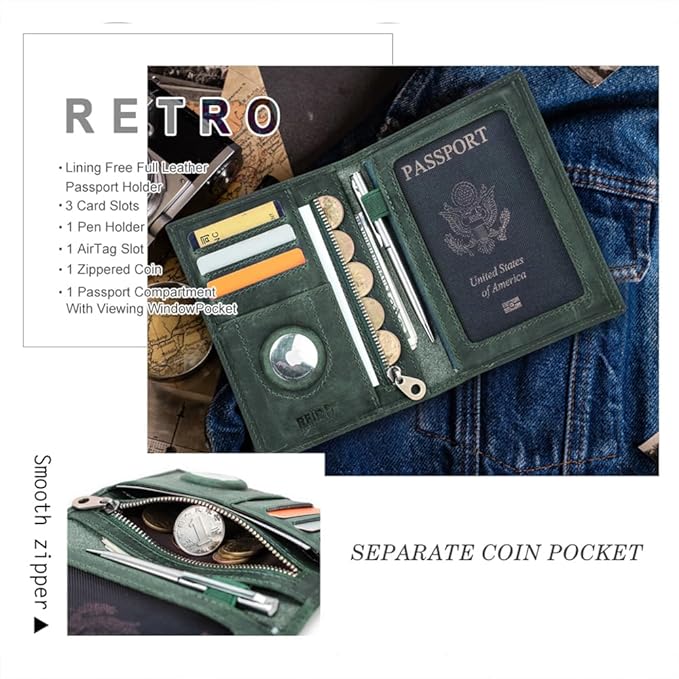 CONTACTS Full Grain Leather Airtag Passport Holder RFID Blocking Travel Passport Wallet Slim Passport Cover Case with 4 Cards Slots, Coin Pocket (Green)